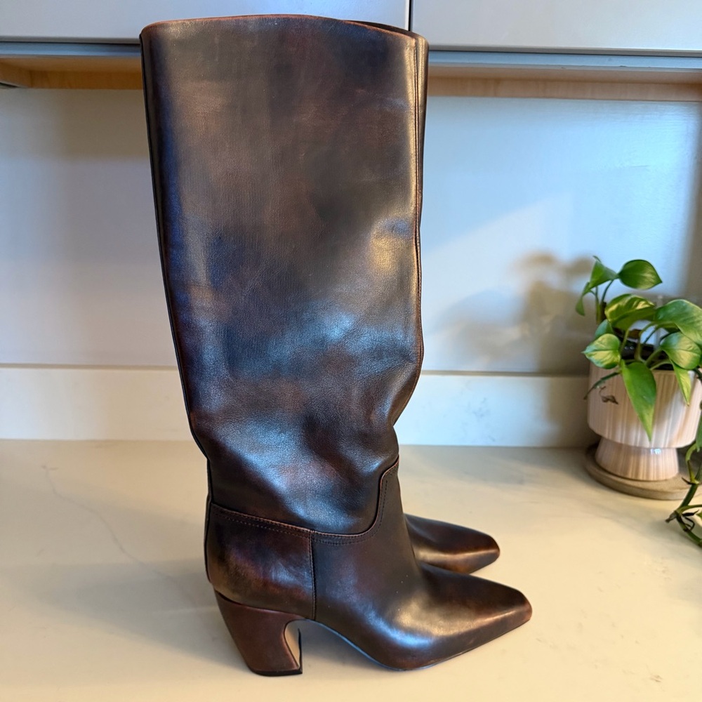Vince Camuto Dark Brown Leather Knee-High Heeled Boots - Picture 2 of 7